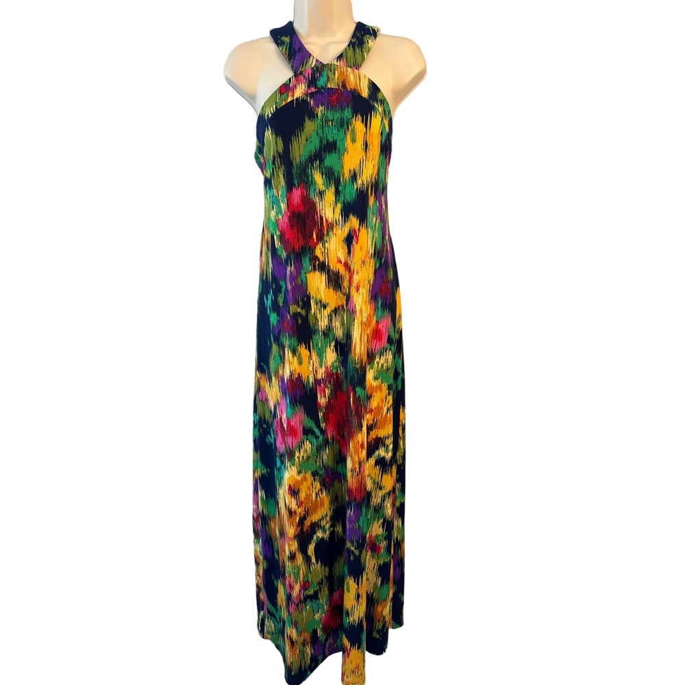 Cupio Womens Abstract Ikat Halter Maxi Dress Navy Multi Color Stretch Size L